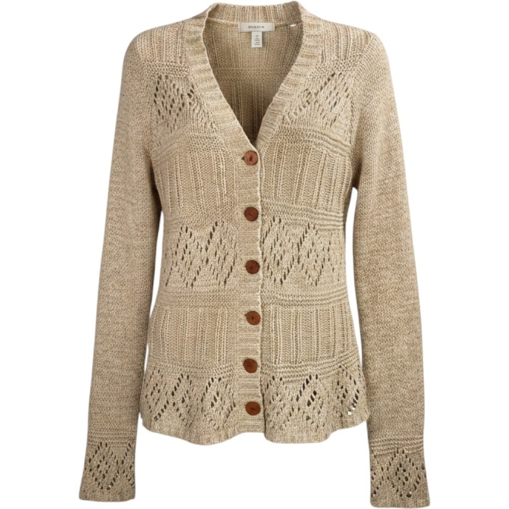 BCBGMAXAZRIA Cardigan Sweater Medium Crochet Pointelle‎ Knit Shabby Chic Earthy